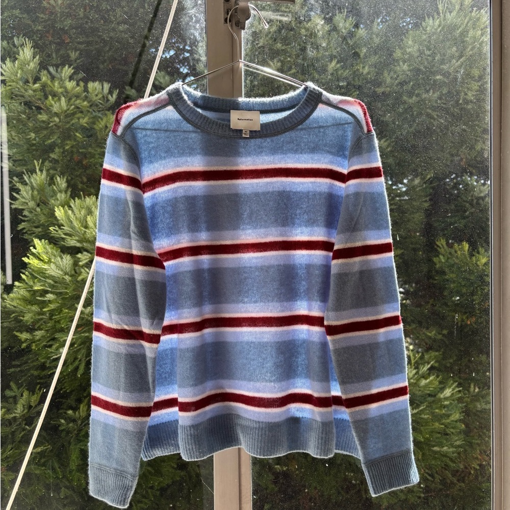 Reformation Blue Striped Cashmere Boyfriend Sweater